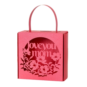Detailed laser-cut 'Love You Mom' floral pattern on a red Mother's Day gift box