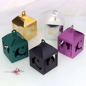 Detail of laser-cut star and moon patterns on decorative Ramadan paper gift lanterns