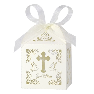 Hollow cross and dove laser-cut favor box with God Bless text and ivory ribbon