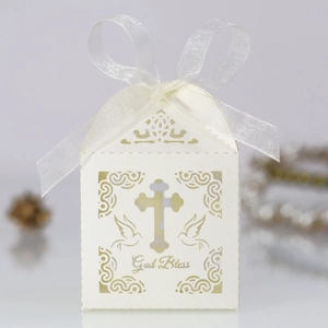 Detailed laser-cut ivory gift box with cross, dove, and God Bless text decoration