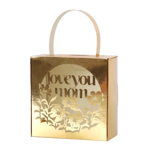 Detailed laser-cut flowers and Love You Mom text on golden Mother's Day gift box