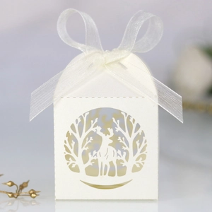 Vue détaillée d'une boîte cadeau blanche découpée au laser avec cerfs et nœud en organza