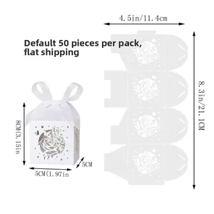 Detailed size chart for laser-cut rose and butterfly candy box with flat delivery info