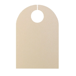 Detail showing cream-colored gift tag with circular hanging hole and minimalist matte texture