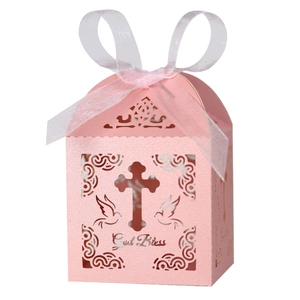 Pink laser cut cross favor box with God Bless text and ribbon for baptism or wedding