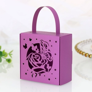Purple laser-cut butterfly and rose gift box with handle for wedding favors