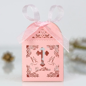 Detailed laser-cut pink candy box with God Bless text and religious cross design