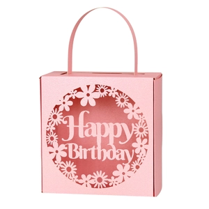 Pink laser-cut Happy Birthday candy gift box with floral frame and carry handle