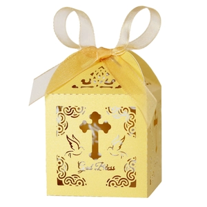 Golden laser cut cross gift box with God Bless text and ribbon for religious parties