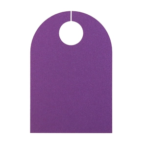 Close-up of a purple arched paper place card with a circular hanging hole for events