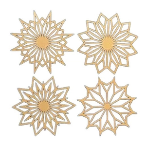 Set of four laser-cut wooden Christmas snowflake ornaments with geometric star patterns
