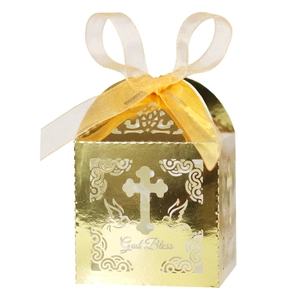 Detailed laser-cut laser cross gift box with God Bless text and yellow ribbon bow
