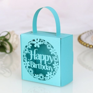 Detail of laser-cut flower patterns and Happy Birthday text on light blue gift box
