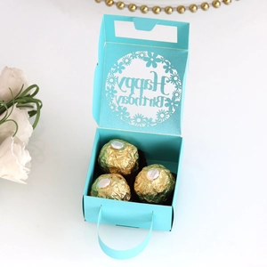 Sky blue hollowed 'Happy Birthday' paper gift box showing interior chocolate capacity