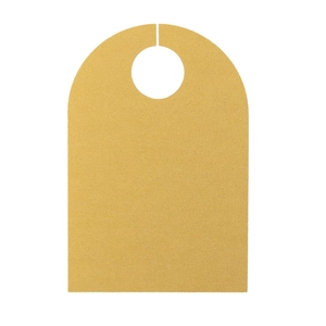 Close-up of a U-shaped gold glitter door hanger card with a sparkling textured finish