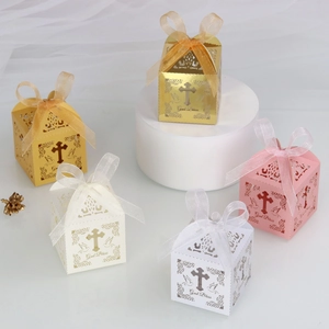 Detailed laser-cut candy boxes with God Bless pattern and elegant organza ribbons