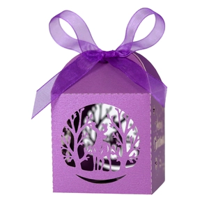 Détail du design de renne découpé au laser sur boîte cadeau de Noël violette avec ruban