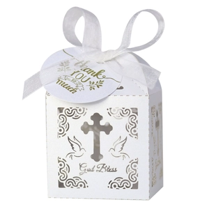 Detailed laser-cut white gift box featuring a cross, dove, and God Bless cutout design