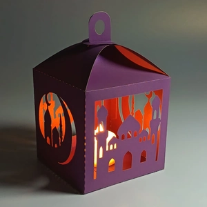 Detailed laser-cut pattern of purple paper lantern with warm LED light and mosque motif