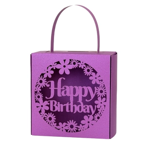 Purple Happy Birthday gift box with laser-cut floral pattern and glitter finish