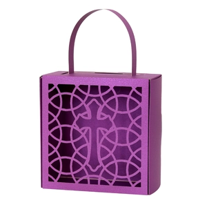 Boîte à bonbons violette découpée au laser avec croix pour mariages et baptêmes