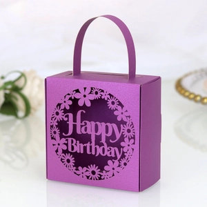 Detail of laser-cut purple gift box with Happy Birthday hollow design and handle