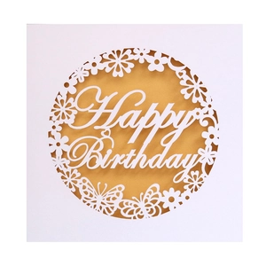 Laser-cut Happy Birthday card with intricate butterfly and floral pattern on white cardstock