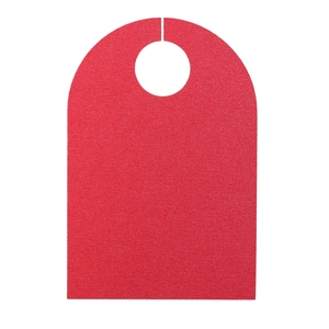 Close-up of red matte door hanger tag with circular hanging hole on white background