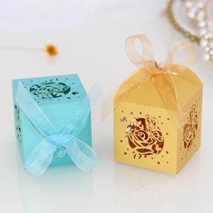 Detailed laser-cut hollow rose and butterfly patterns on blue and gold gift boxes