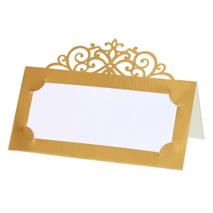 Elegant gold laser-cut table card with floral hollow frame and white paper insert