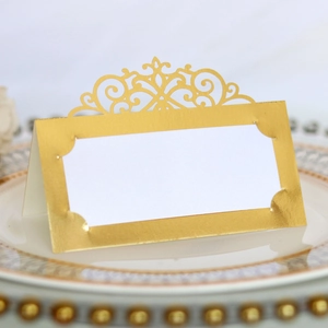 Detailed laser-cut gold table tent card featuring elegant European hollow lace design