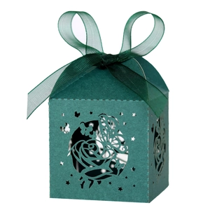 Elegant dark green laser-cut wedding candy box with rose patterns and chiffon ribbon