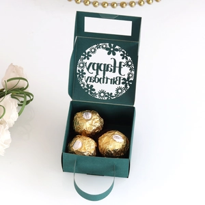Detailed laser-cut Happy Birthday dark green paper gift box with handle and floral pattern