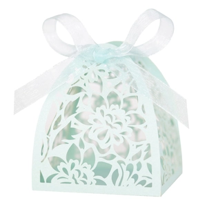Close-up of laser-cut floral pattern on mint green wedding candy favor box with ribbon