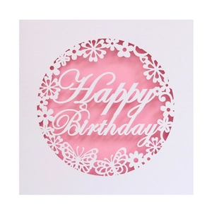 Elegant laser cut white paper birthday card with butterflies and daisies on pink background