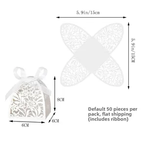 White laser cut wedding favor box with floral patterns and dimensions shown