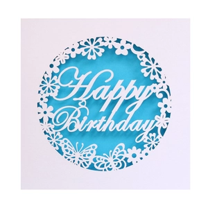White laser-cut Happy Birthday card featuring intricate butterfly and floral patterns