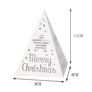 Detail view showing dimensions of white 11cm Christmas pyramid lantern with cutout stars