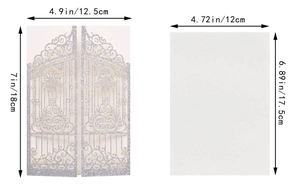 Laser-cut glitter silver wedding invitation with dimensions 4.9x7 inches and inner sheet
