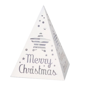 White pyramid Christmas tree lantern with star cutouts and Merry Christmas text
