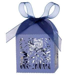 Laser-cut light blue candy gift box with elegant leaf patterns and dark blue ribbon bow