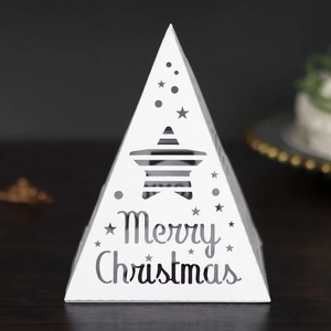 White pyramid Christmas tree lantern with hollow stars and Merry Christmas cutout design
