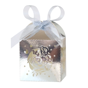Detailed laser-cut silver candy box featuring rose and butterfly motifs with blue ribbon