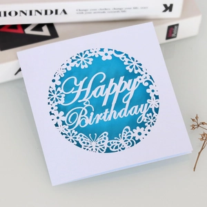 Detailed laser-cut Happy Birthday card with butterfly patterns and blue paper lining