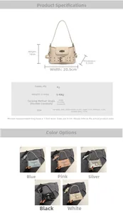 Tableau des tailles détaillé et options de couleurs pour le sac bandoulière tendance