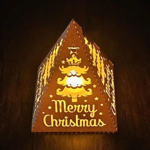 Wooden Christmas pyramid night light with hollow star, tree and Merry Christmas text