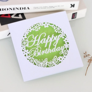 Close-up of laser-cut hollow butterfly and floral design on Happy Birthday card