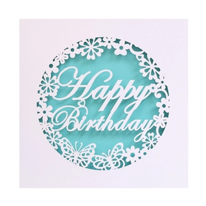 Detail of laser-cut Happy Birthday card featuring intricate butterfly and floral patterns