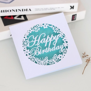 Detail of laser-cut butterfly and floral patterns on Happy Birthday greeting card