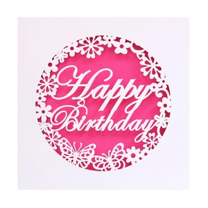 Detail of laser-cut hollow butterfly and floral design on white birthday card
